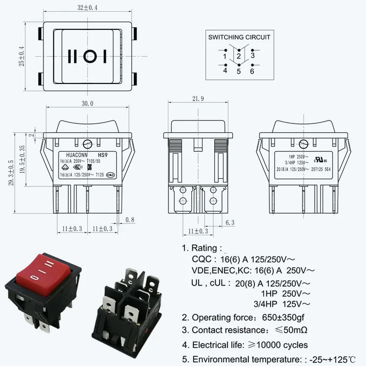 Factory High Rectangle 6 Pin Dpdt Momentary Red 20 Amp on off on Rocker Switch