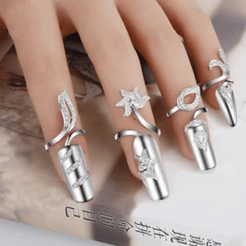 4 Types Crystal Silver Glitter DIY Nail Tips Ring Jewelry Finger Nail Rings