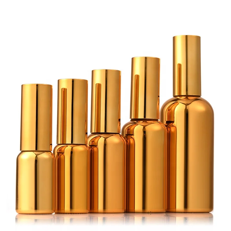 High-end 5ml 10ml 15ml 20ml 30ml 50ml 100ml gold glass essential oil bottles with spray
