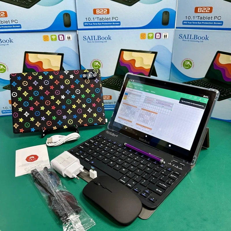 10 Inch Tablets With Sim Card SAILBook B22 10.1 Android Tablet HD Screen with a Keyboard and Mouse 5600mah Tablet Pc for Kids