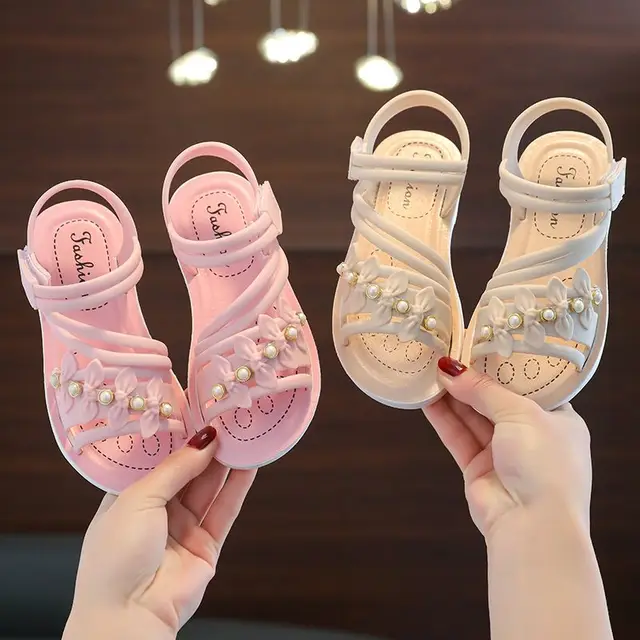 Children Girls Sandals Open Toe Temperament Summer New Fashion Pearl Petal Princess Style Students Sandals For Kids