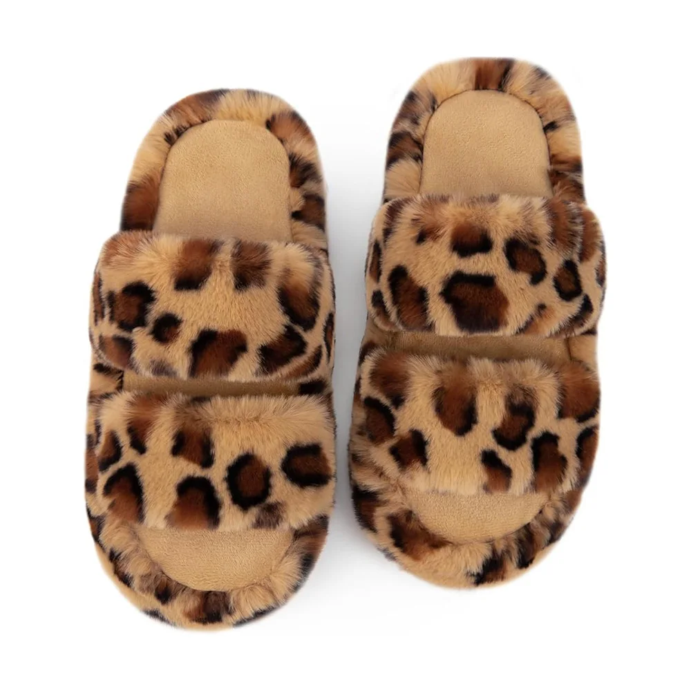 Women's Comfy Open Toe Two Band Slides with Short Plush Lining Indoor Fluffy Leopard Fashion Fur Slippers