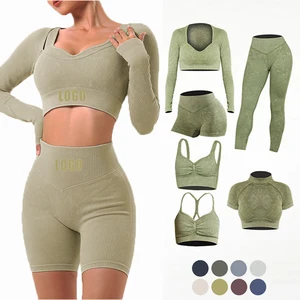 Wholesale Women Seamless Ribbed Ropa Muje Sport Wear 6pc Yoga Set Workout Clothing Scrunch Butt Work Out Clothes Fitness Set