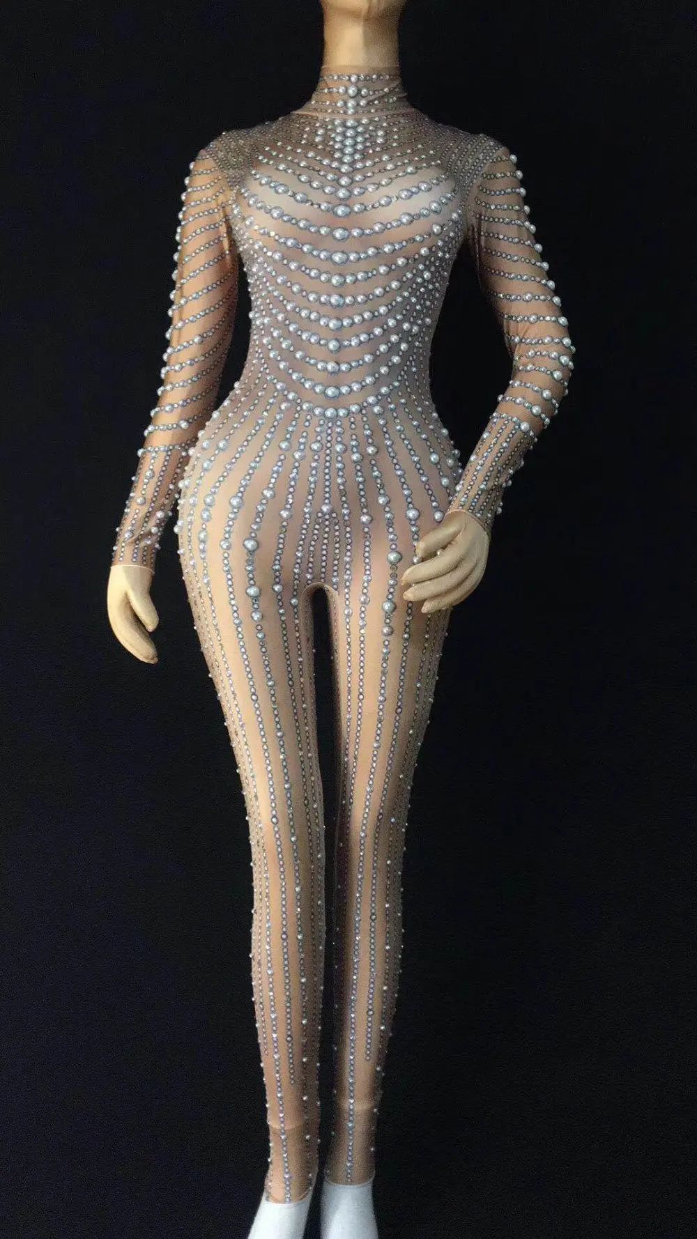Fashion Stretch Skinny Rhinestones Pearls Club Party Rompers Women Show  Dance Stage Costumes Sexy Bodycon Jumpsuits Playsuits
