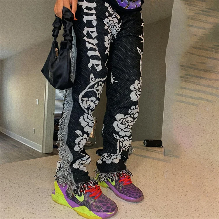 Custom Logo Women Blanket Tapestry Pants Woven Flare Pants Fringed