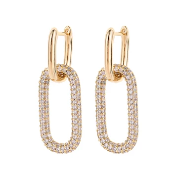 14K Real Gold Plated Brass Geometric double ring lock huggies earrings Shiny Full Zircon Diamond Drop Earrings