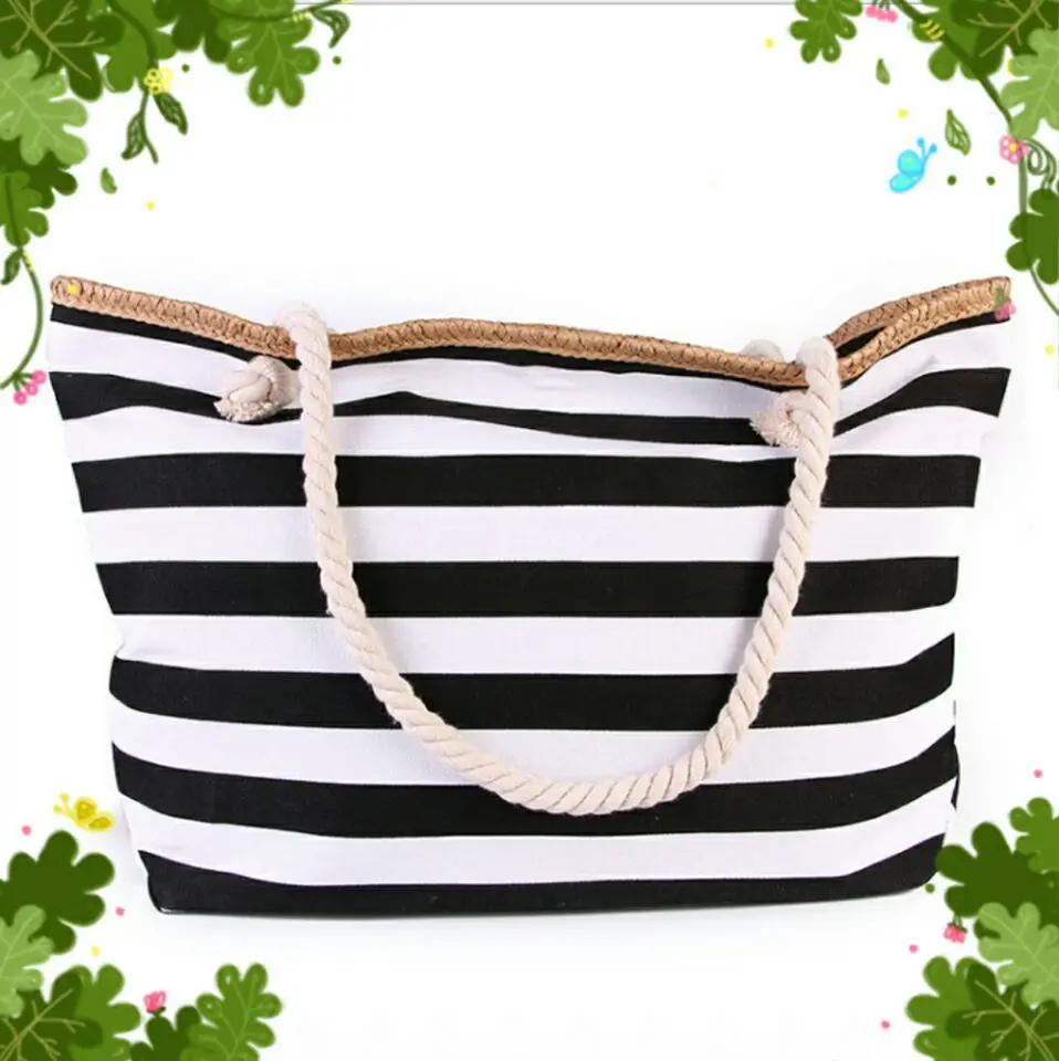 2454S Beach Bags - Striped Straw Tote - Rope Handles