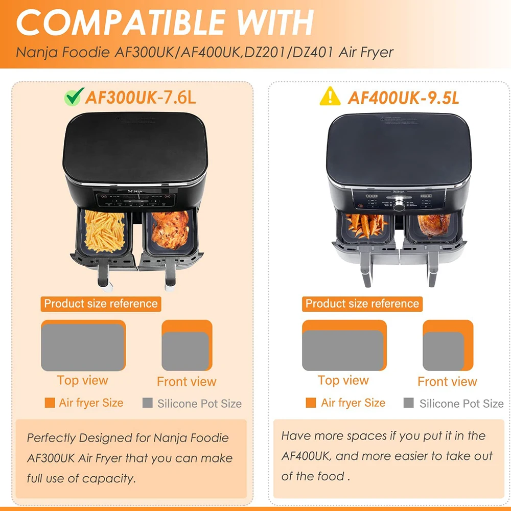 Customization Reusable Thick Rectangle No Stick 2Pcs Air Fryer Silicone Pot Liners for Ninjas Dual Air Fryer