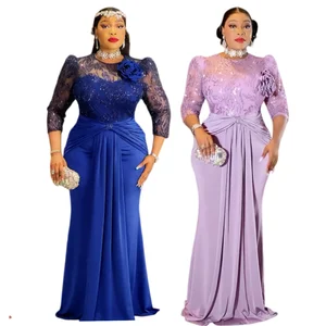 S10810 Plus Size Women Evening Dresses O-neck Sequin Chiffon Church Dress Maxi African Dresses for Women Clothing With Flower