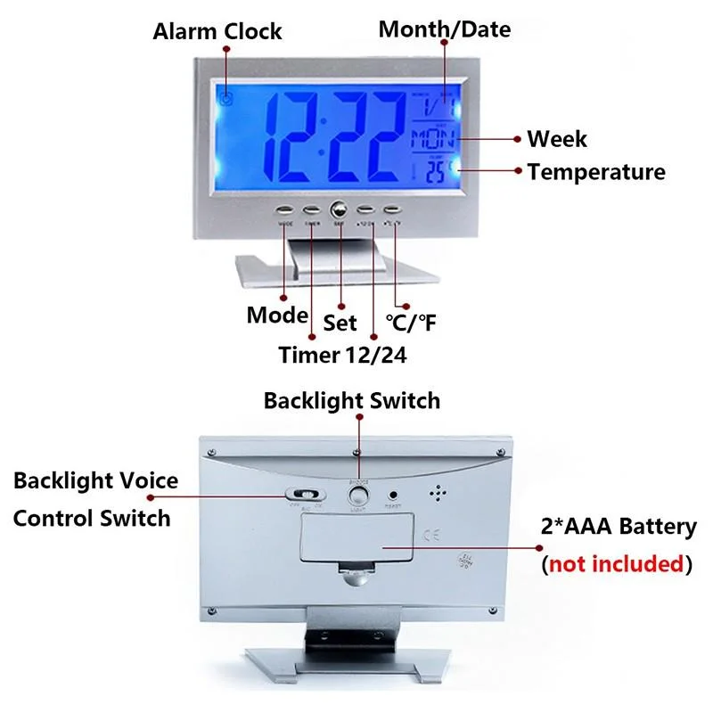 Large Large Screen Modern LCD LED Backlight Snooze Sleep Timer Large Digit Digital Alarm Clock with Time Date Temp
