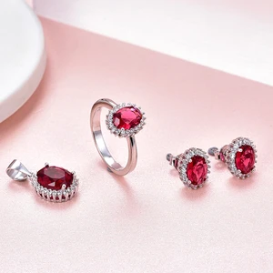 Elegant 925 Sterling Silver Jewelry Set Rhodium & Gold Plated Ruby Simple Trendy Style for Wedding Engagement Party & Gift