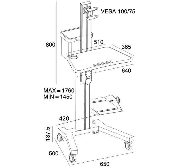 Height Adjustment Mobile Computer Cart