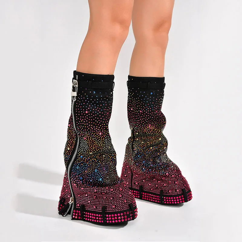 PDEP Round Toe Thick Bottom Cowboy Denim Boots Fashion Rhinestone Metal Buckle Zipper  Muffin Chunky Platform Boots Women