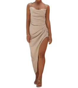 Champagne Low Cut Sand Thigh Split Draped Sexy Maxi Dress Sleeveless Backless Party Wedding Long Dresses