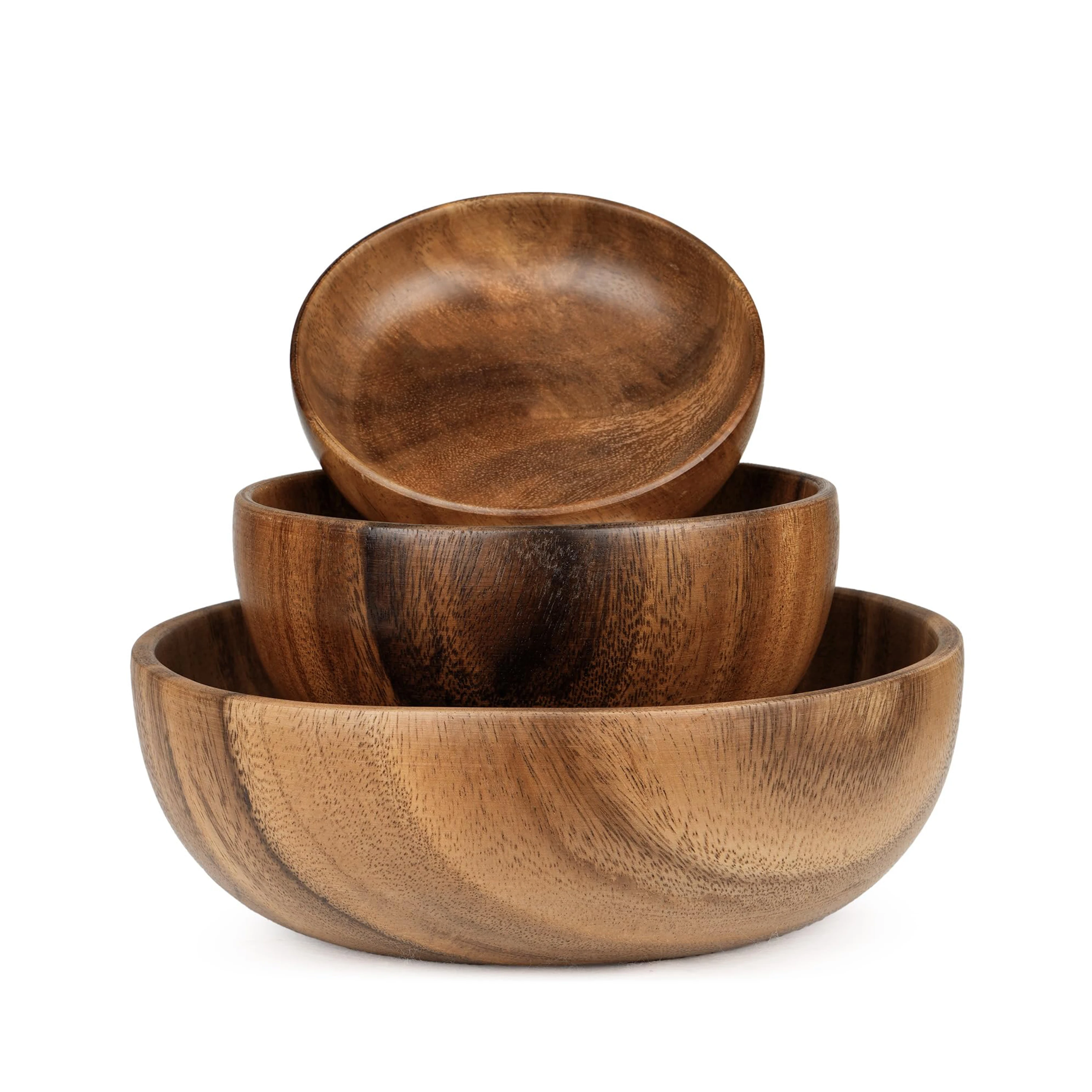 Custom Set of 3 Acacia Wood Serving Bowls Handmade Salad Bowls for Kitchen Prep Fruits Salads and Daily Meals