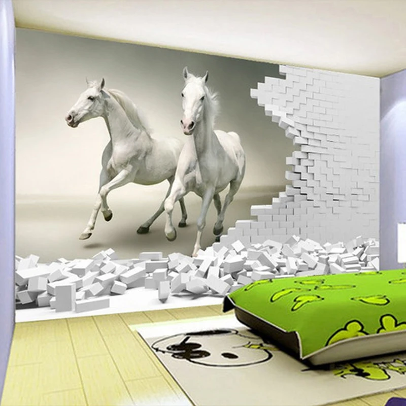 カスタム3D壁壁画壁紙3D立体白い馬レンガ壁アート壁画リビング