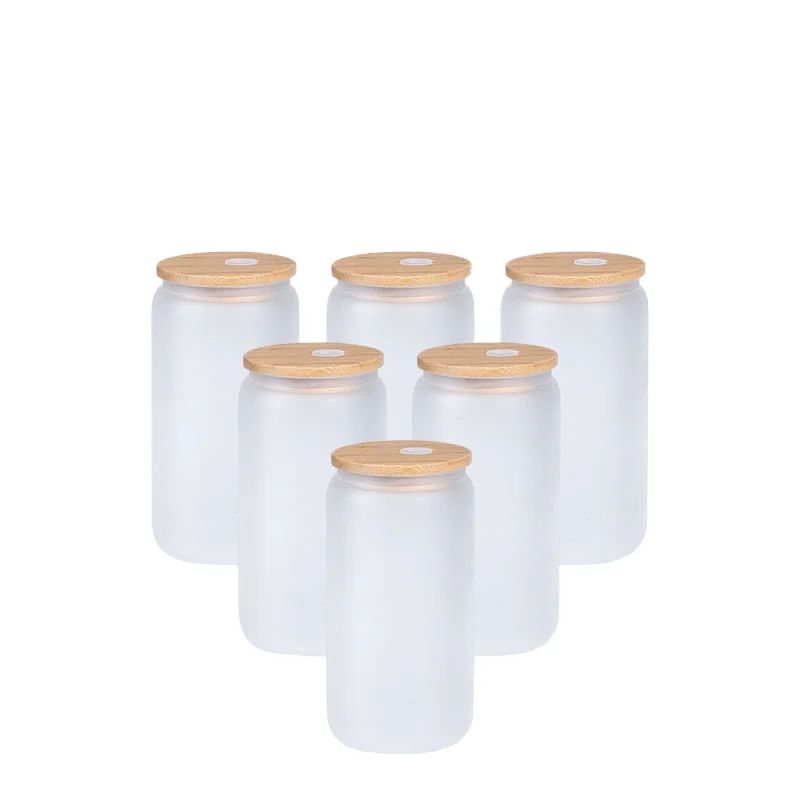 China Factory Wholesale 16oz Modern Transparent Borosilicate Frosted Sublimation Blanks Mason Jar Beer Can Cup Bamboo Lid with Custom Logo