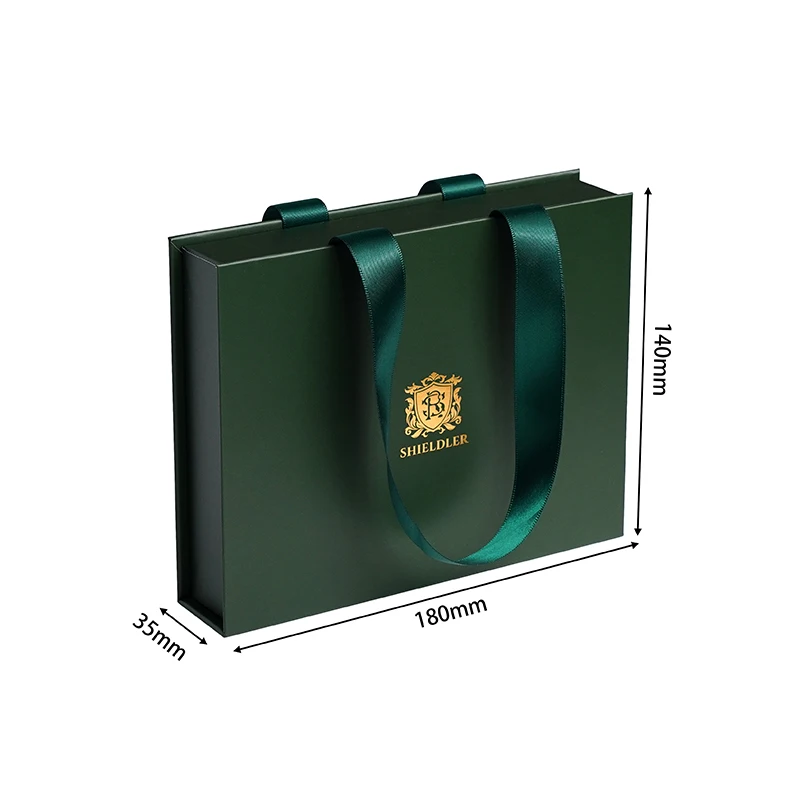Luxury Matte Dark Green Magnetic Gift Box Silk Carry Handle Custom Gold Crest Logo Rigid Box for Jewelry Watch Gift Packaging