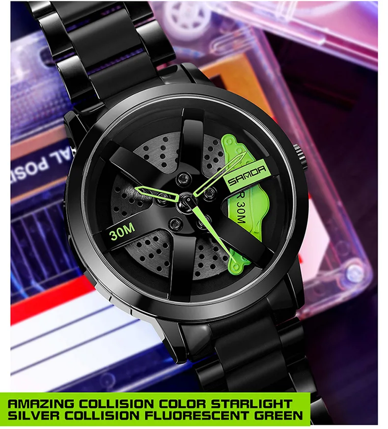 Men Fashion Hot Sell Car Rim Wristwatch 360 Degree Wheel Rim Dial Watches Stainless Steel Waterproof custom (Rotating dial)