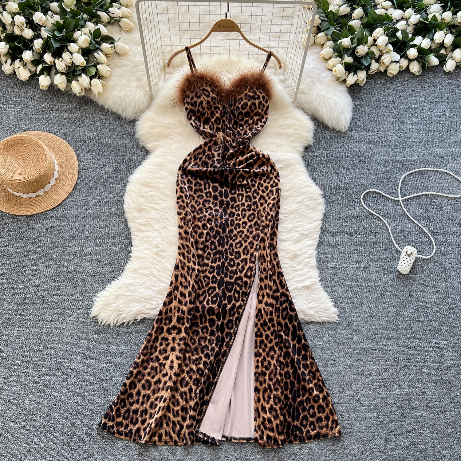 open lace back dress Veronica Sequin Midi Dress / Leopard Print | Meshki main image 1