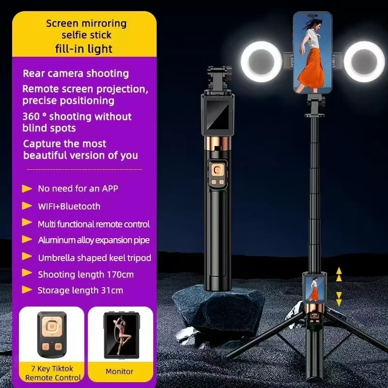 Tr&eacute;pied pour t&eacute;l&eacute;phone portable avec t&eacute;l&eacute;commande sans fil multifonction innovante, en alliage d'aluminium, &eacute;cran LCD et perche &agrave; selfie int&eacute;gr&eacute;e.