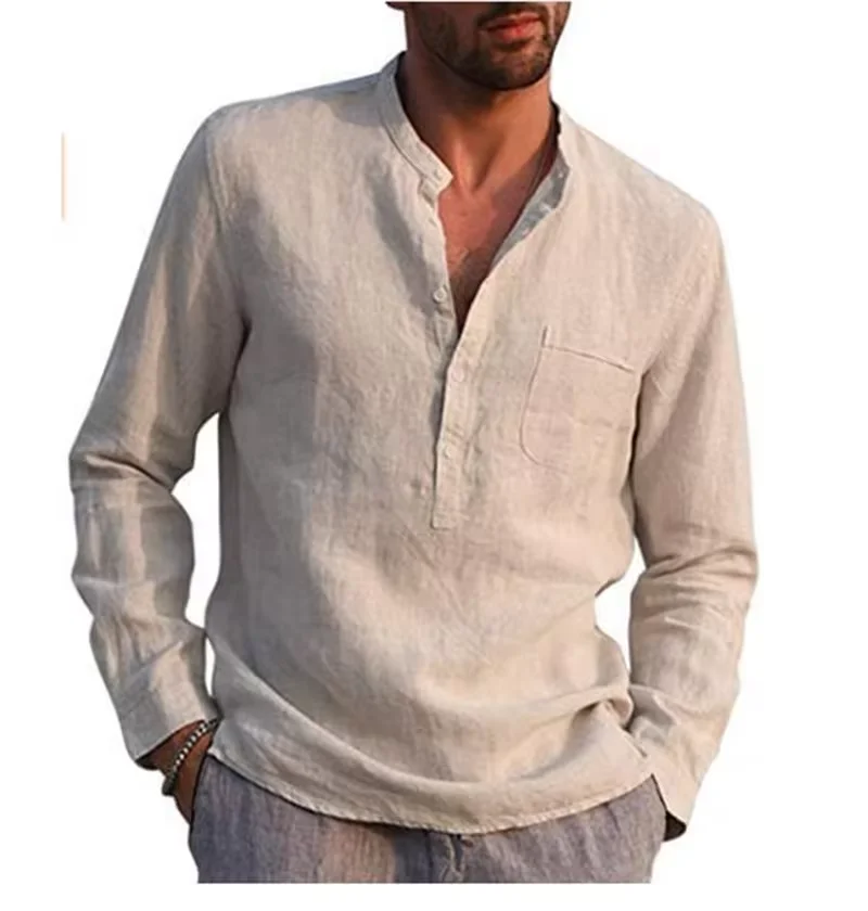 Men's Long Sleeve V-neck Casual Beach Linen Shirt