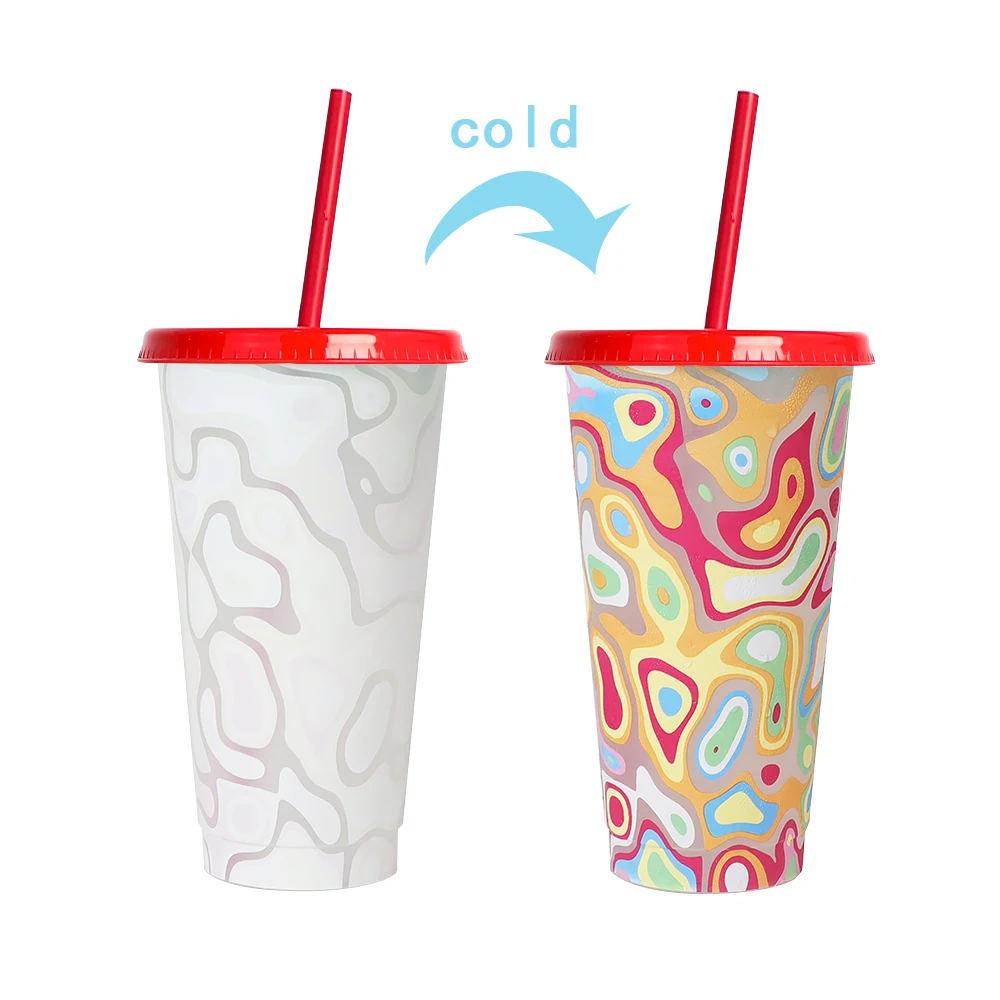Волшебная термопечать 24 унции многоразовая кружка пластиковая чашка для изменения цвета с крышкой и соломой