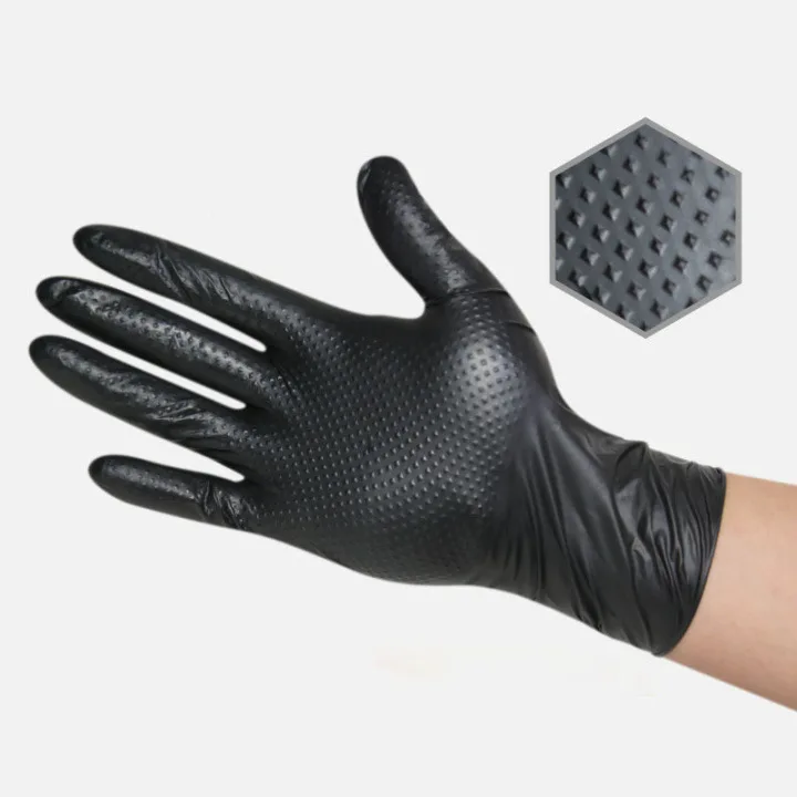 8 Mil Black Diamond Textured Powder Free Factory Sell Directly Grip Nitrile Glove