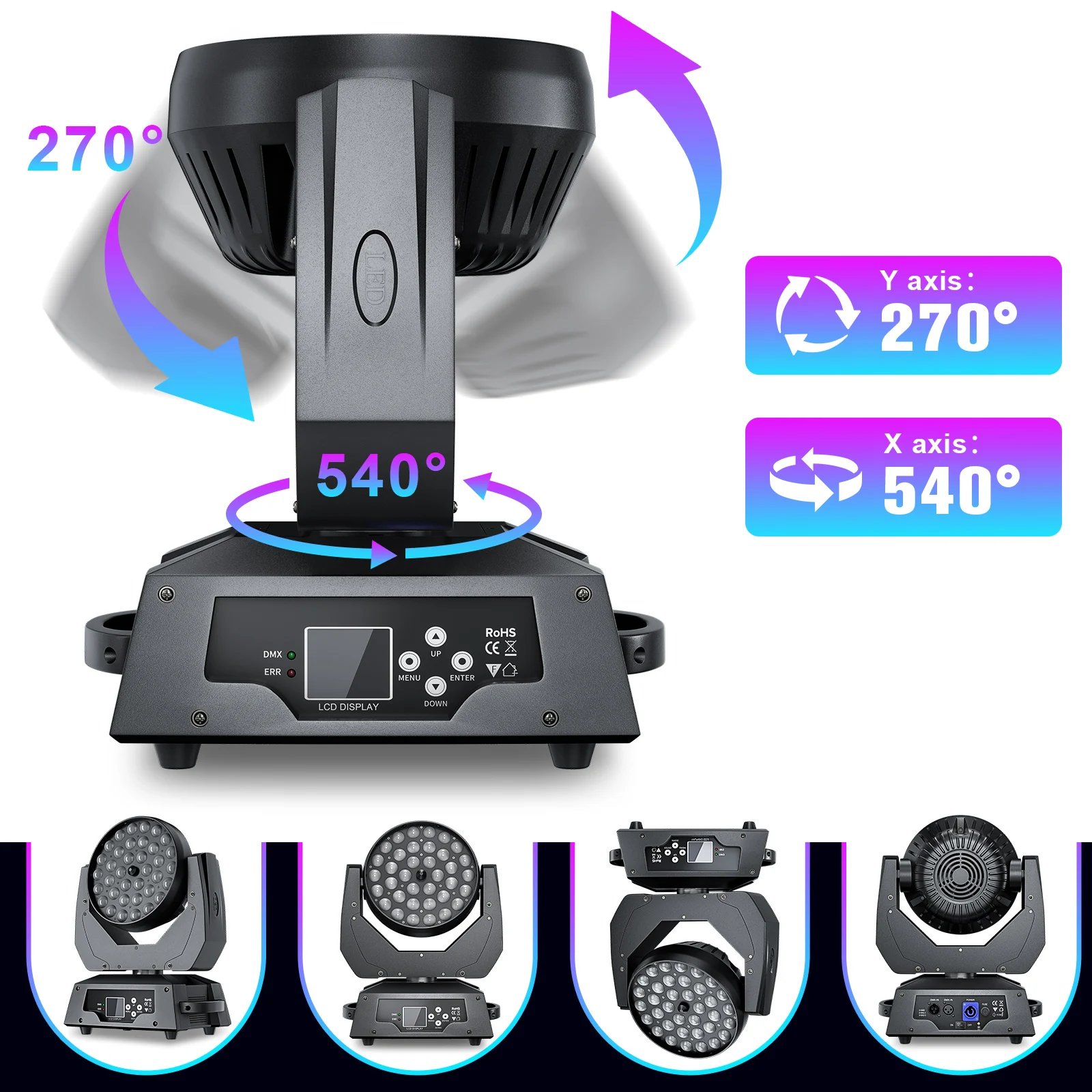 Projecteur de scène LED à tête mobile Wash Zoom 36x18W RGBW 4 en 1 avec effets de coloration, contrôleur DMX, écran tactile HD, professionnel pour mariages et DJ._voghion.com