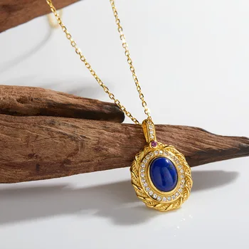 Aimgal Fine Jewelry S925 Silver Plated 18K Gold Natural Lapis Lazuli Zircon Pendant Necklace Trendy Anniversary Party Gift