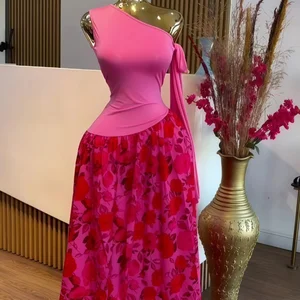 Viviblook Z919DS02 New Ladies Dresses New Sleeveless Slash Collar Slim Fit Printed Pleats Maxi Dresses for Women