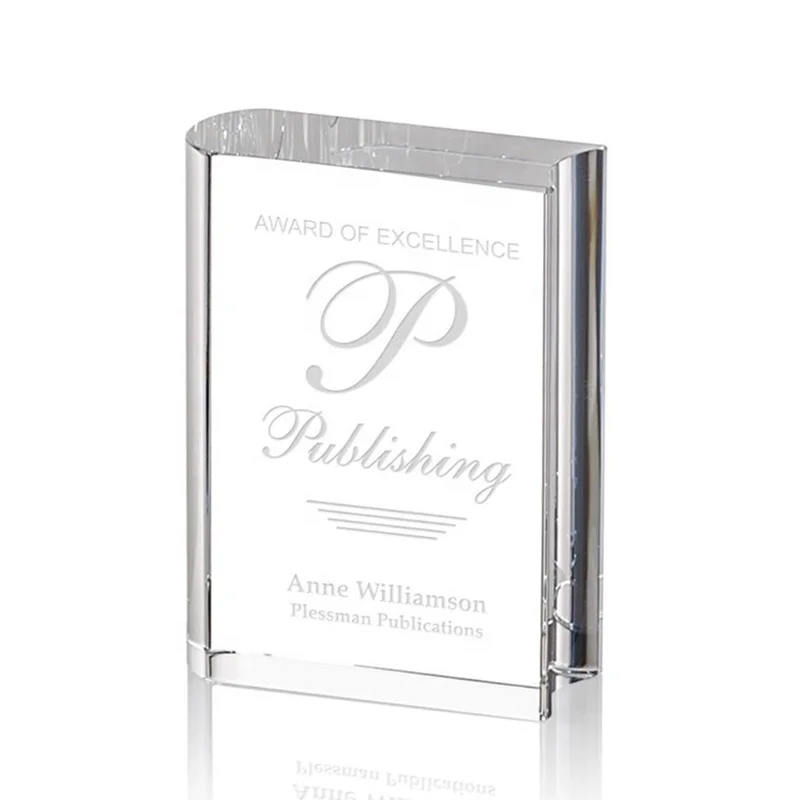 Custom Simple Design Clear Crystal Book Shape Trophy Award Glass Plaque for Quiz Debate Competition Trophy Souvenirs