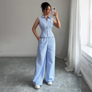 Elegant Button Vest Striped Women's Suit Blouse Wide Leg Pants Two Pieces Sets Summer Clothing