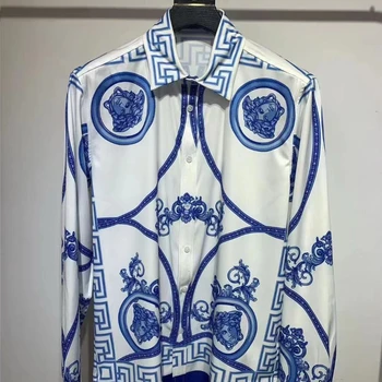 European style trendy design versa men's silk shirt simple 3D portrait printed high quality long sleeve shirt