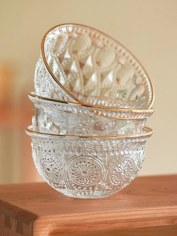 Wholesale Salad Bowls Set Bubbles Pattern Mixing Glass Container Clear Embossed Transparent