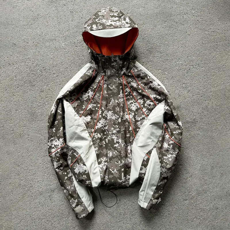 Wholesale Streetwear Custom Oversized Heavyweight Boxy Nylon Windbreaker Splicing Color Blocks Zip Hoodie Jacket for Men gallery 4