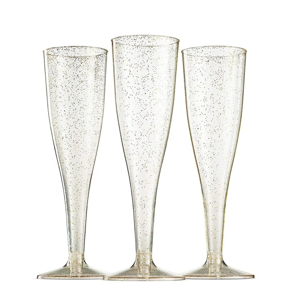 Plastic Gold Glitter Champagne Flutes For Wedding Or Party Plastic