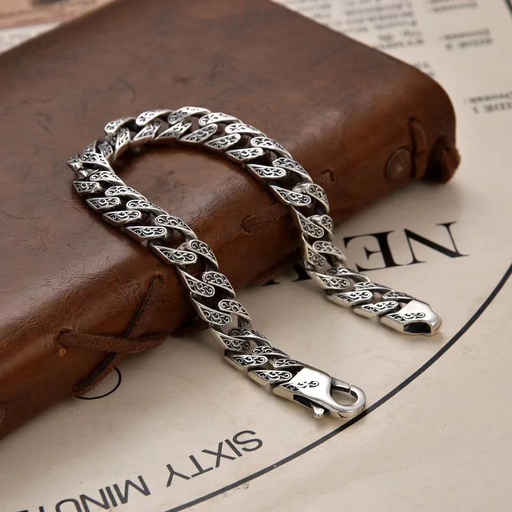 9mm Vintage Patterned S925 Sterling Silver Cuban Link Bracelet for