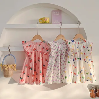 2023 New Girls Summer Princess Dress Short-Sleeved Dress Lady Sweet Floral Baby Kids Clothes