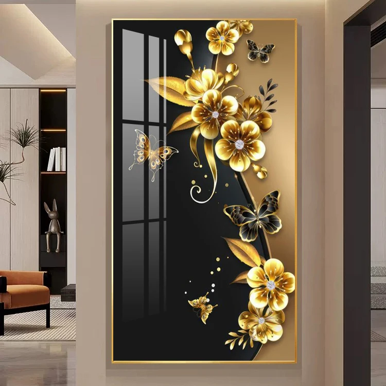 Factory Wholesale Custom Home Decoration Art Wall Art Crystal Porcelain Painting Abstract Golden Flowers Painting Led Light Art