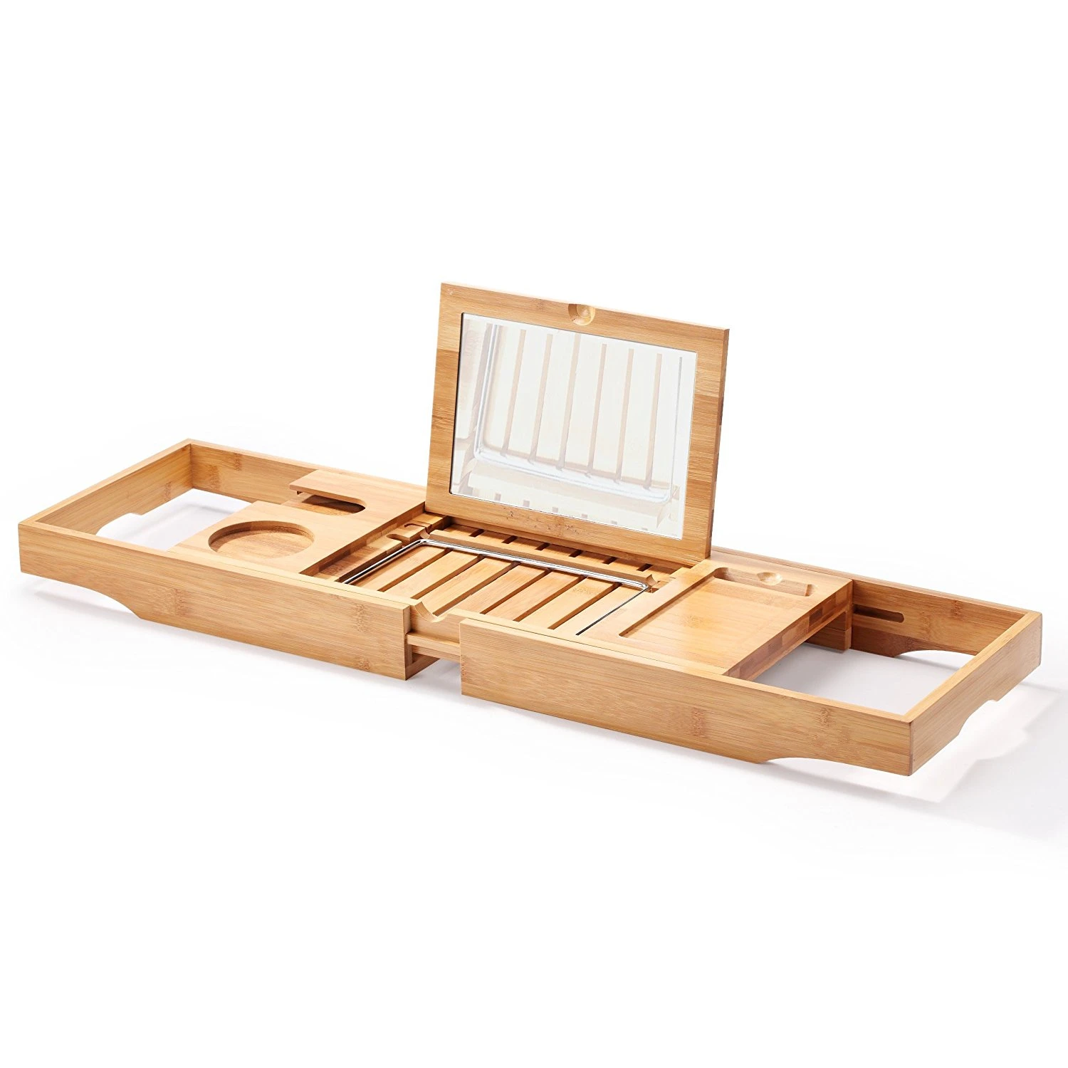 Luxury Bamboo Bathtub Tray With Mirror Expandable Bathroom Organizer Table Book Tablet Cellphone Holder Mug Wineglass for SPA