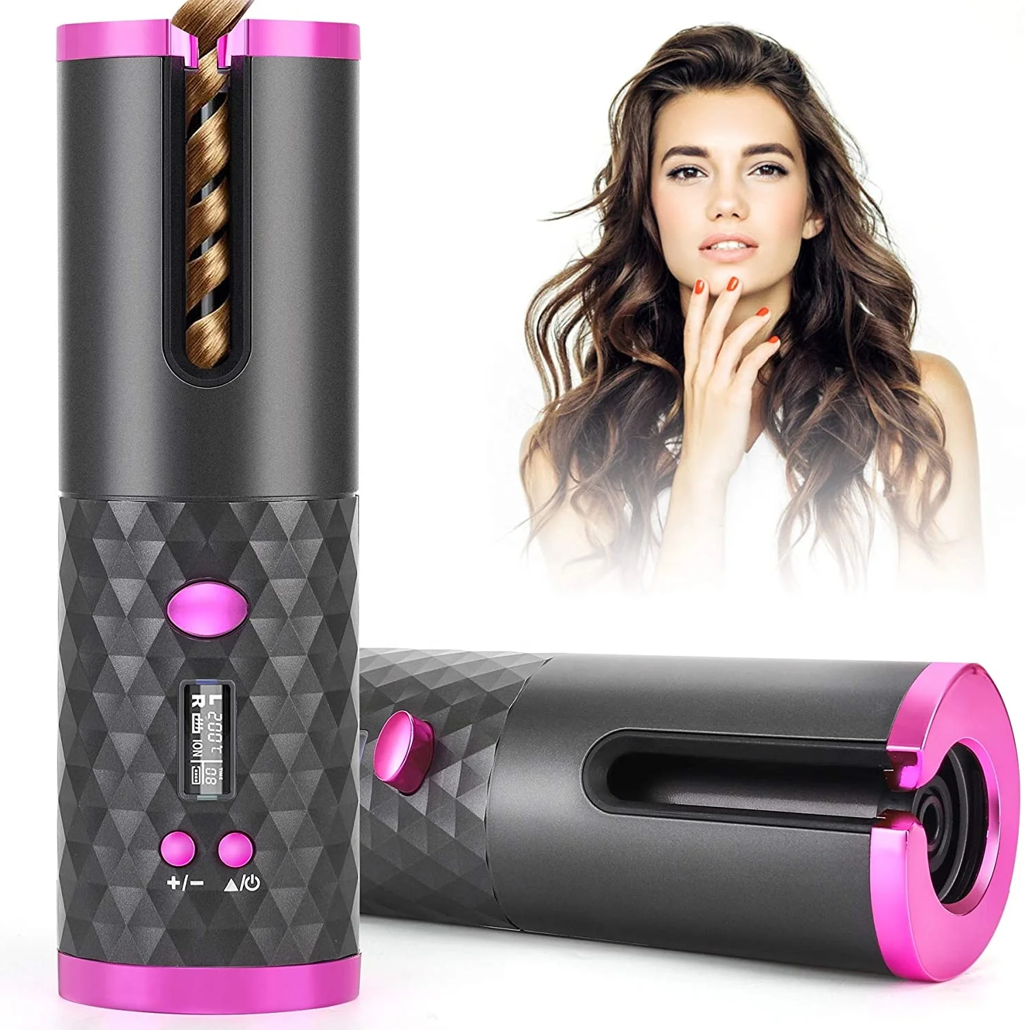 USB Rechargeable Cordless Automatic Fast Heating Curling Iron Portable Ceramic Barrel Hair Curling Wand for Hair Styling Anytime