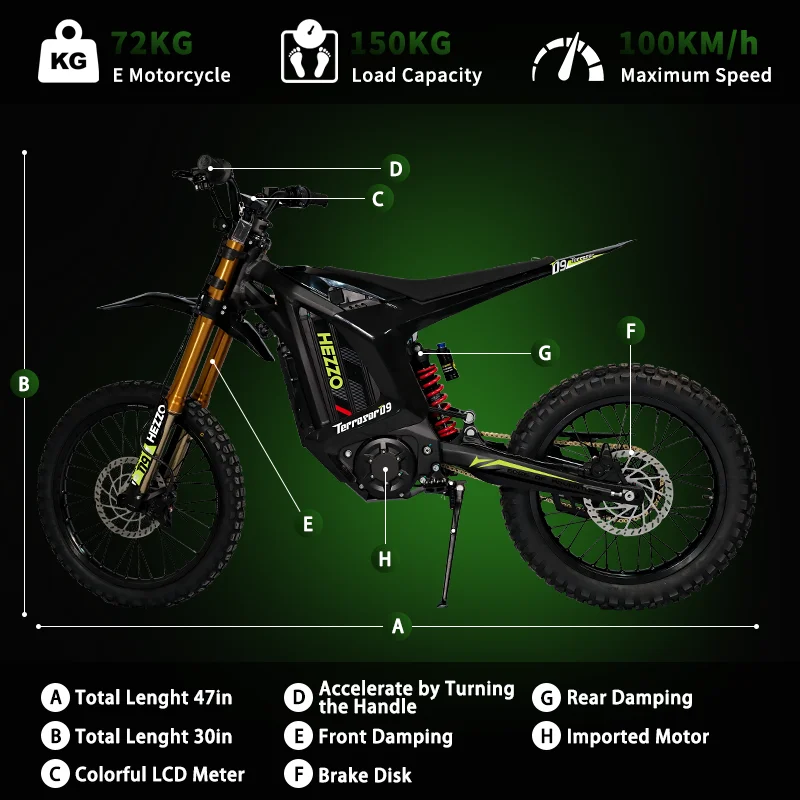HEZZO D9Pro 72V Powerful Off-Road Electric Dirt Bike - 20000W, 101