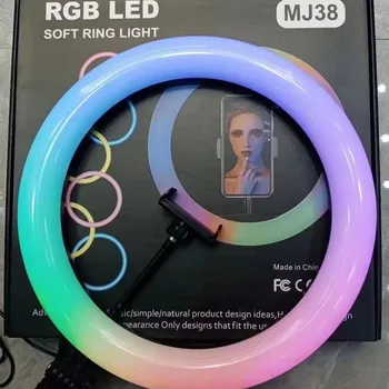 15 Inch MJ38 RGB Circle Photography Lighting Led RGB Ring Light with Phone Tripod Stand for Selfile Live detail image