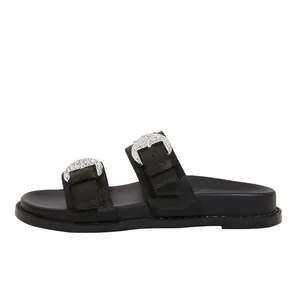 Za2026 Women's Flat Sandals Height-Increasing Thick-Soled Summer Outdoor Slippers Black Rhinestone Decor Autumn New Fashionable