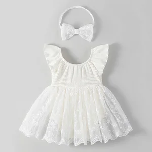 Summer 0-18M Casual Infant Jumpsuit Ruffled Sleeveless Princess Bubble Lace Romper Headband Set Bow Floral Breathable Baby Girl