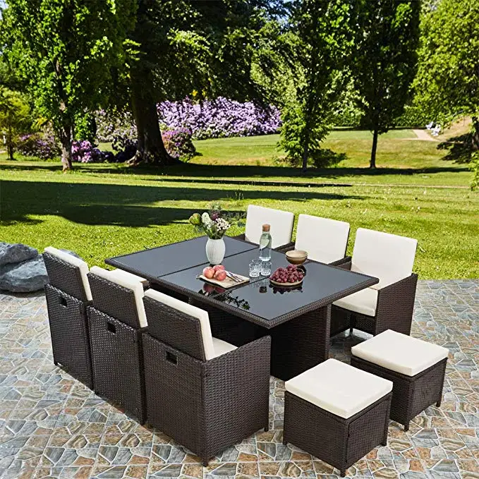 Outdoor Wicker Patio Rattan Cube Garden 11 Piece Dining Set and Chairs Cube Table Set