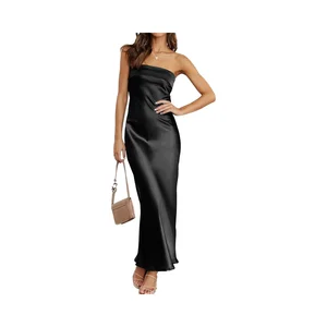 Women's 2025 Summer Strapless Satin Tube Bodycon Backless Wedding Guest Maxi Dress Casual Long Length Breathable Natural