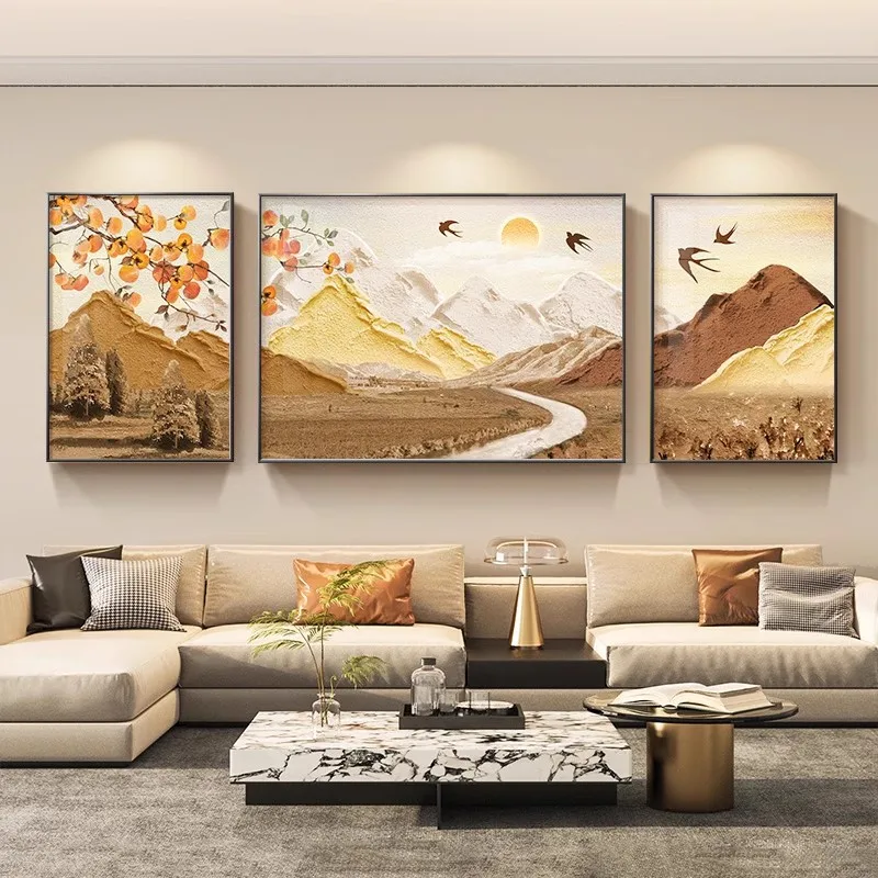 Ginkgo Forest Mountain Wall Art Canvas Print Golden Deer Sunset River Winding Path Nature Landscape Neutral Earthy Tones