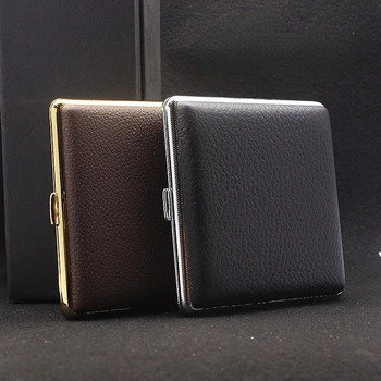 20 Pcs Holds Stainless Steel Clip Head Layer Leather Metal Cigarette Case Men's High-grade Gift Cigarettes Box